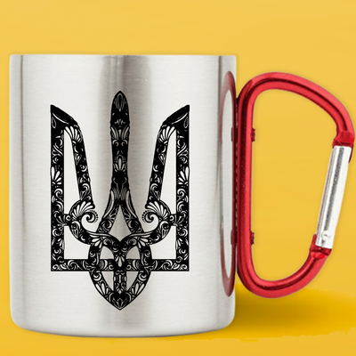 Чашка металическая серебристая с красным карабином (300 мл) Слава Украине 1045 фото